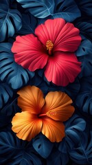 Naklejka premium A vibrant illustration featuring two hibiscus flowers?one red and one orange?set against dark green leaves.