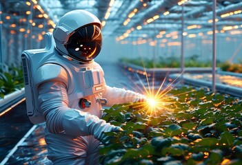 Astronaut tending to plants in a futuristic greenhouse during a glowing evening