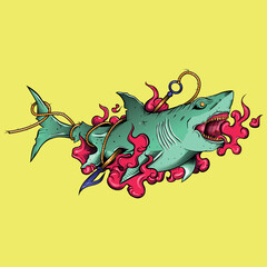 Detailed illustration of a shark being pierced with a harpoon and the blood spreading underwater, in color