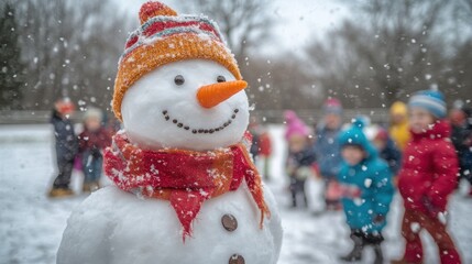 Fototapeta premium Joyful snowman wearing orange scarf and winter hat standing in falling snow while children in colorful winter clothing play around in snowy park