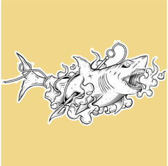 Detailed illustration of shark being pierced with harpoon and blood spreading underwater, just outline with white sticker border
