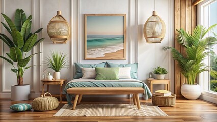 Coastal Boho Mockup, Wooden Bench, Australian Bedroom