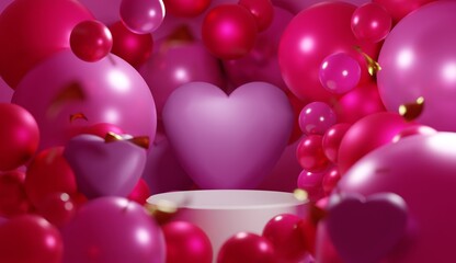 3D Pink Podium Platform with red and pink heart-shaped balloons and sphere balloons. Romantic presentation mockup design with floating geometric balloons. Red love background. 