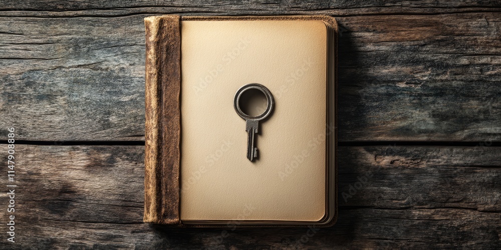 Poster a book with a key on top of it. the key is on the top of the book and is not visible