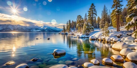 Lake Tahoe Winter Wonderland: Stunning Snow-Covered Scenery with Bokeh