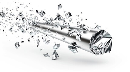 Powerful explosive blast shattering metal and glass into a chaotic cloud of fragmented debris and shrapnel  Dynamic and dramatic abstract conceptual image representing force energy and destruction