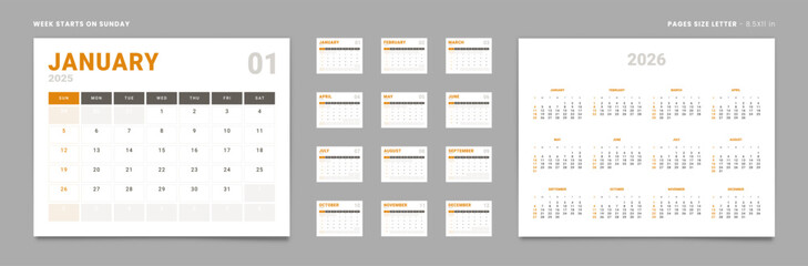 Set of 12 Pages Monthly Calendar Planner Templates and annual. Vector layout of a wall or desktop calendar with the week starting on Sunday ready for printing. Page size Letter -8.5x11