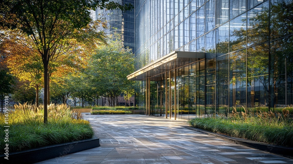 Poster A large glass building with a green tree in front of it