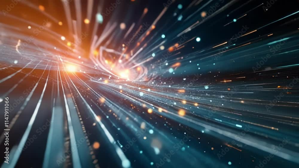 Poster flowing big data generates a futuristic stream of information through cyberspace, with glowing parti