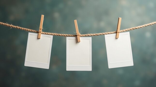 blank polaroid photos hanging on rope