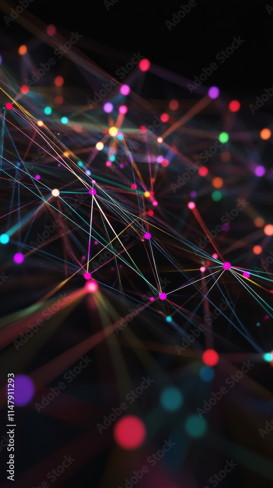 Poster a colorful image of a web of lines and dots. the lines are in different colors and the dots are scat