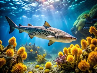 Fototapeta premium Leopard Shark Aquarium Stock Photo: Graceful Spotted Predator in Vibrant Coral Reef