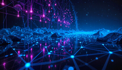 Obraz premium Abstract network landscape with glowing nodes and connections representing digital technology and data flow 