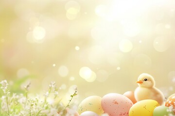 Soft yellow chick with pastel colored eggs in a spring garden setting during Easter celebration