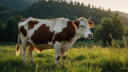 close up of a cow on a mountain background pasture