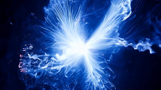nuclear reaction creating swirling waves of blue and orange plasma, radiating outward in sharp arcs
