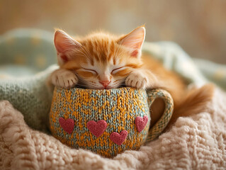 Lindo gato durmiendo en una taza con corazones y cubierto sobre una manta de lana en colores rosa por San Valentín