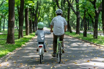 Motivation and Inspiration Day.Father and child cycling together in a park under the shade of green trees.