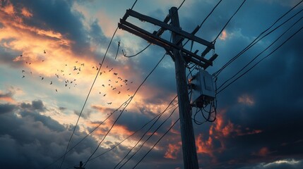 Birds in Flight Against a Dramatic Sunset Sky with Power Lines