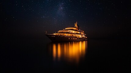 Fototapeta premium Luxurious yacht at night, illuminated, reflecting on calm waters under a starry sky.