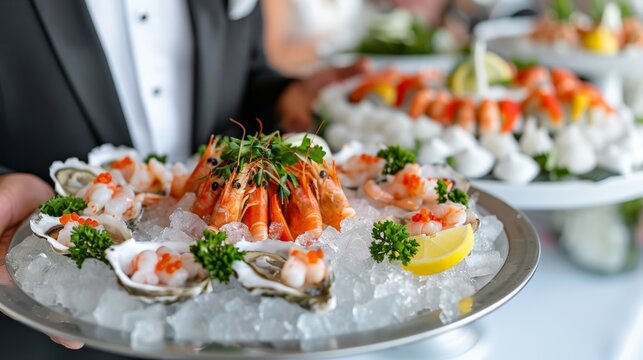National Buffet Day.Gourmet seafood platter with shrimp, oysters, and garnishes served on ice.