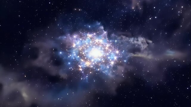 Traveling through the universe, dense nebulae and bright star clusters glow against the dark backdrop of space