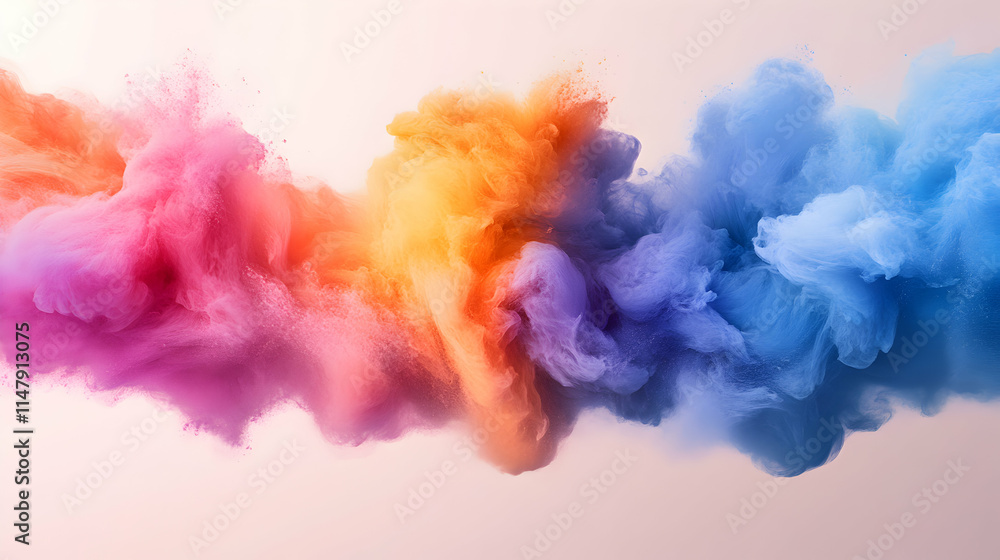 Poster abstract colorful ink explosions, vibrant hues blend and swirl dynamically across a neutral backgrou