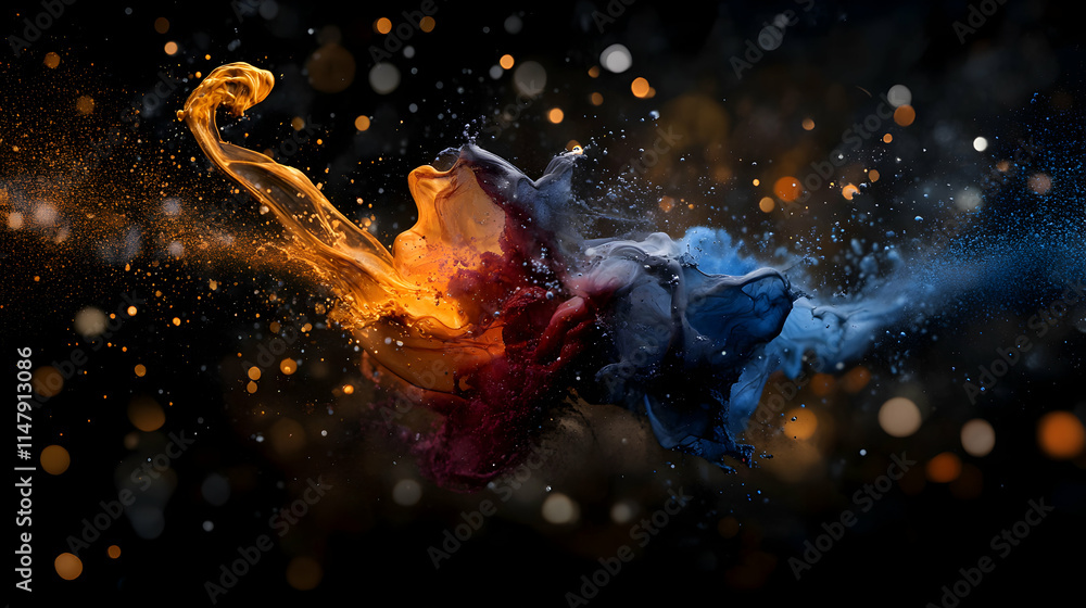 Poster abstract ink collision, vibrant hues exploding in a dynamic dance of color against a sparkling backg