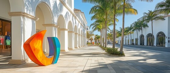 A blend of Mediterranean architecture and modern art is captured in this image of white arched buildings, palm trees, and a colorful abstract sculpture.