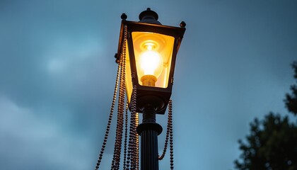 Vintage lamp glowing warmly against dusky sky, representing elegance in design