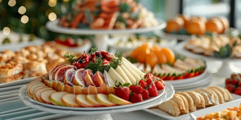 National Buffet Day.A close-up of an artistic dessert platter with layered pastries, fresh berries, and vibrant garnishes.