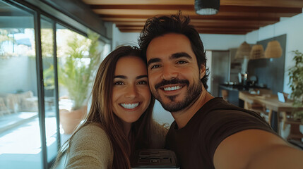 Couple's Happy Selfie in Modern Home, Bright Sunlight Streaming Through Large Windows, Smiling Joyfully Together.