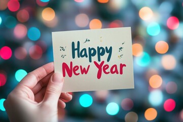 Hand holding white greeting card with colorful new year message against festive bokeh lights creating celebratory holiday atmosphere