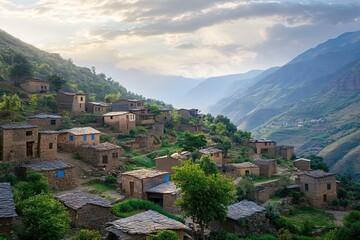 Fototapeta premium Mountain village at sunset, houses on hillside.