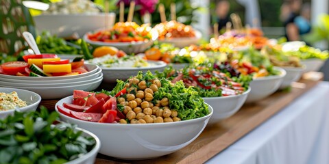 Obraz premium National Buffet Day. A vibrant salad bar with bowls of fresh vegetables, legumes, and dressings arranged for self-service.