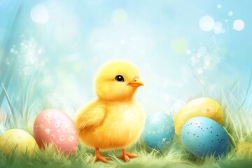 Cute yellow chick stands among colorful Easter eggs in a grassy field during springtime