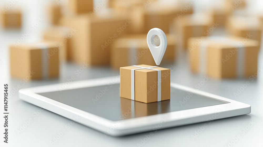 Poster tablet showing package tracking with delivery boxes in background