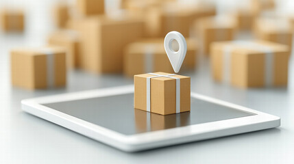 Tablet showing package tracking with delivery boxes in background