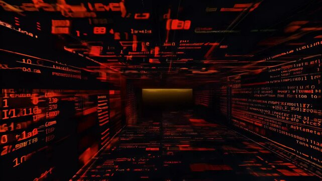 terminal screen filled with lines of corrupted code in red and yellow, glowing ominously in a dark environment