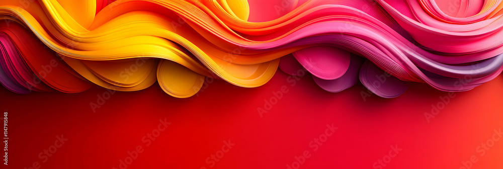 Poster abstract colorful waves flowing dynamically on red background, evoking energy and movement with vibr