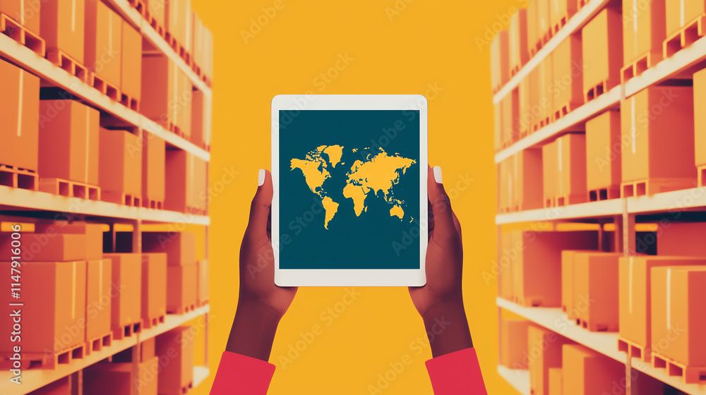 Poster hands holding tablet displaying world map in warehouse setting