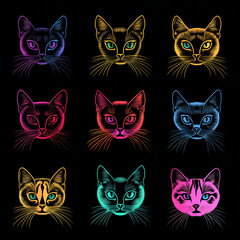 Neon Cat Heads, Vibrant Illustration Set, Colorful Feline Portraits, Artistic Design for Print, Digital Art, Fashion, and Home Decor.