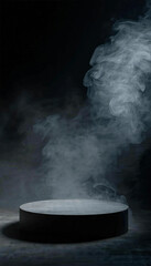 Podium black dark smoke background product platform abstract stage texture fog spotlight. Dark black 