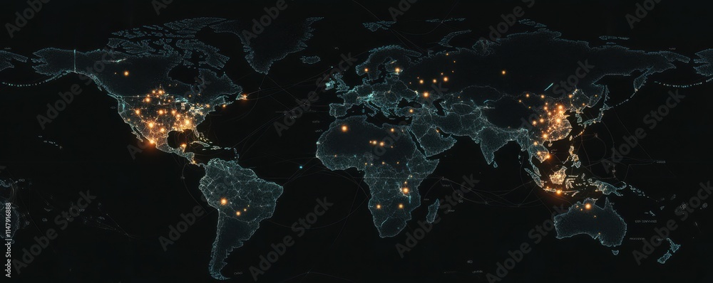 Poster a black background with glowing cyber data points on a digital world map. aig35.