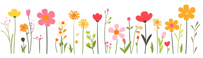 Vibrant Floral Illustration, A Delightful Arrangement of Colorful Flowers Blooming Joyfully in a Garden Setting