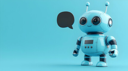 Cute Blue Robot with Speech Bubble; Digital Illustration of Friendly AI