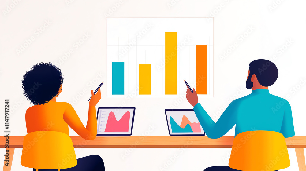Poster team of analysts reviewing complex data and charts for insights