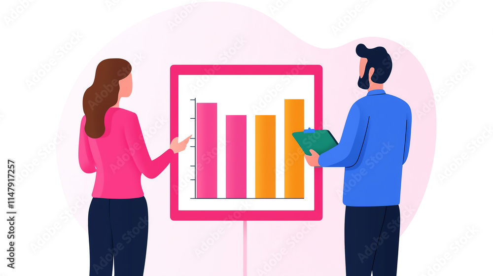 Poster analysts reviewing data trends on colorful bar chart presentation