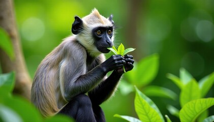 Black-footed grey langur eating leaves from a plant, food, monkey