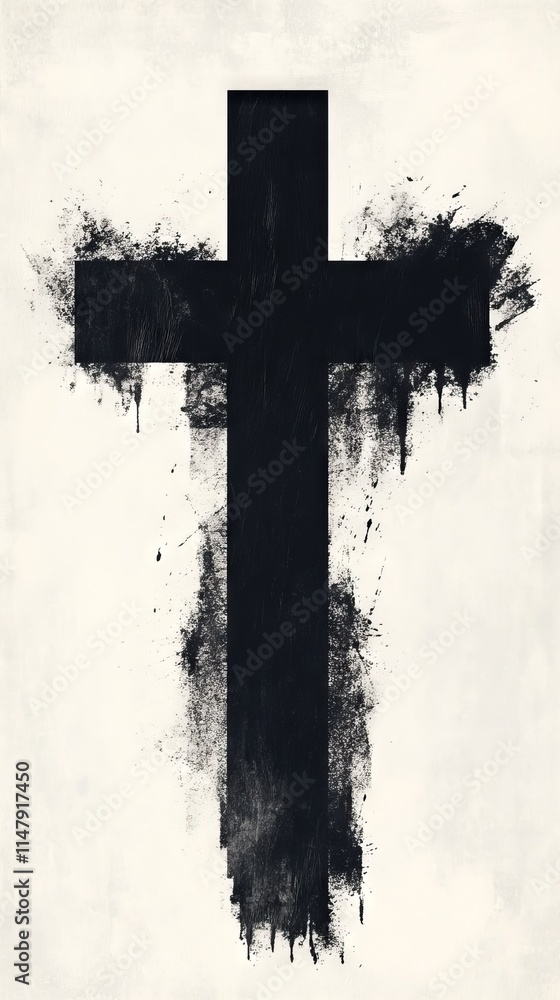 Poster a cross is painted in black and white with a spray paint effect. the cross is the only thing visible